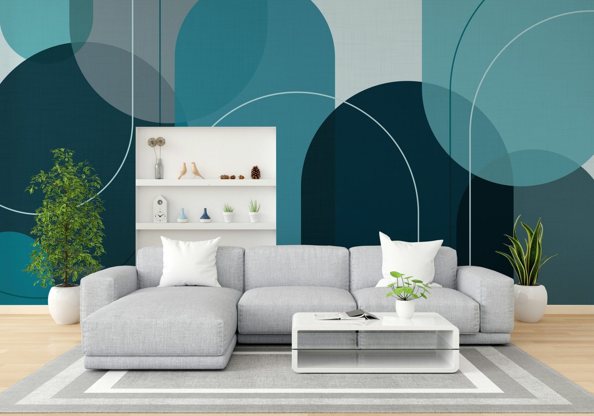 Soothing curved arches mural in turquoise shades


