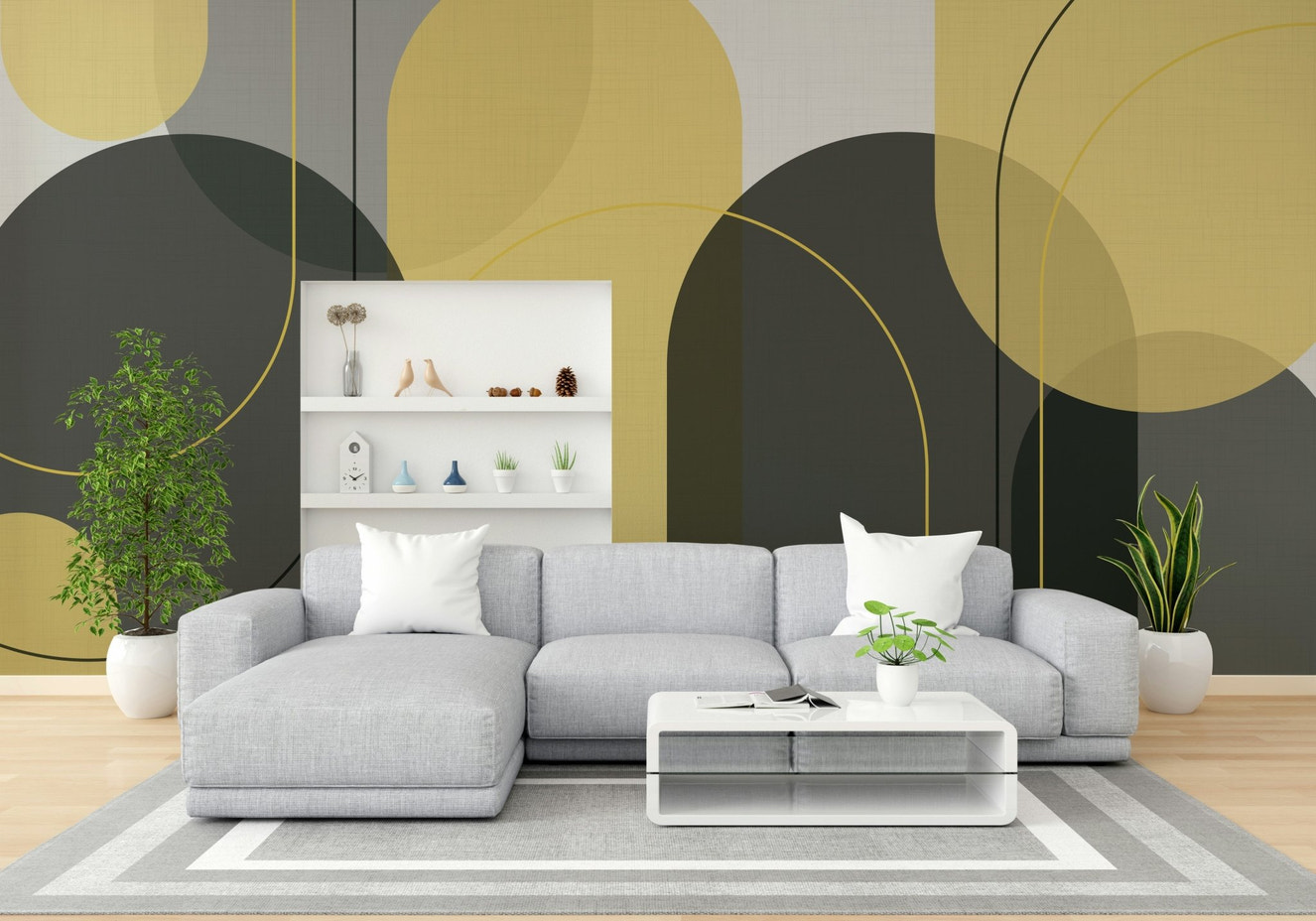 Elegant arch mural in soft yellow and grey tones

