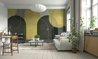 Minimalist arch pattern mural in yellow and neutral grey

