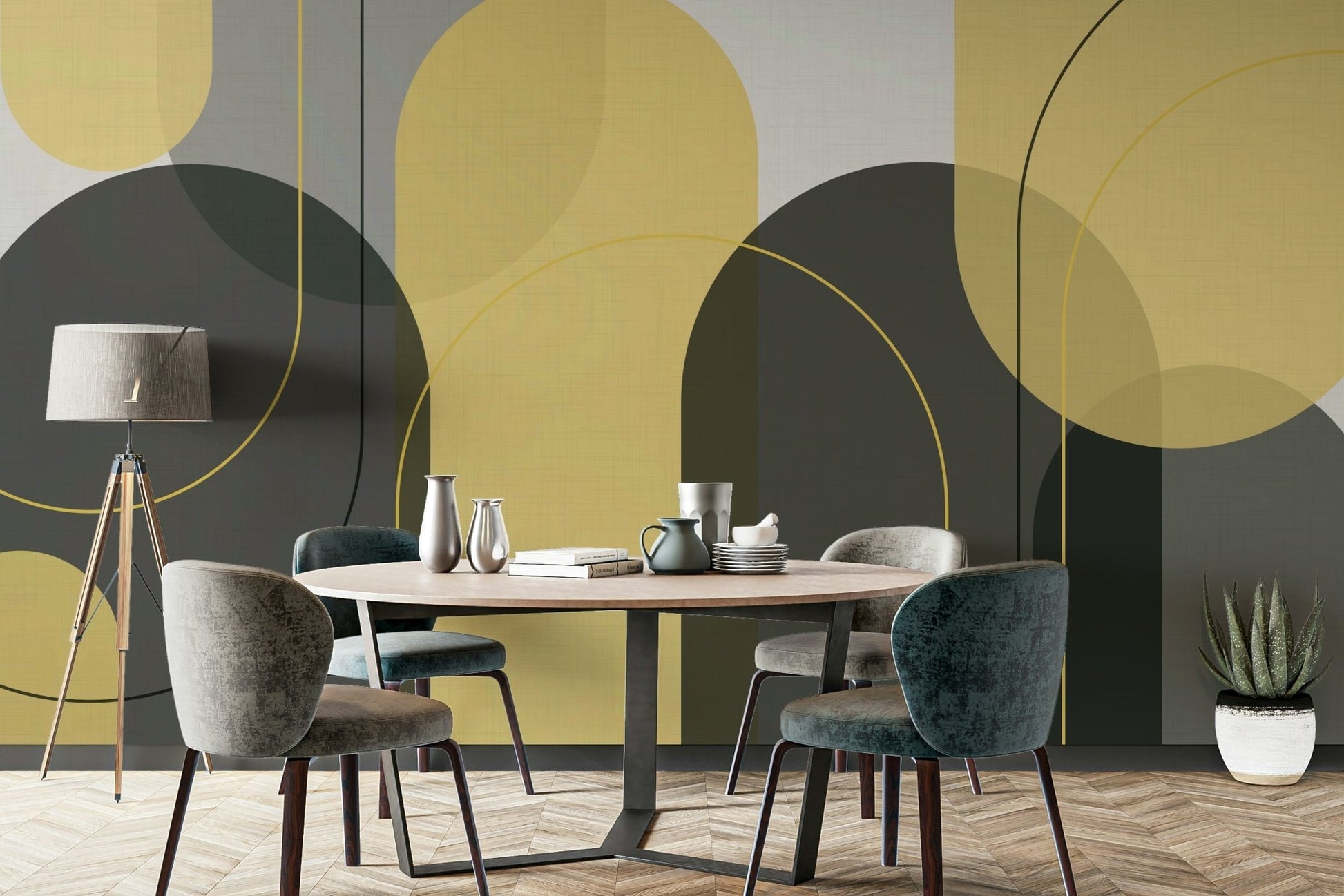 Contemporary yellow and grey arch wallpaper design


