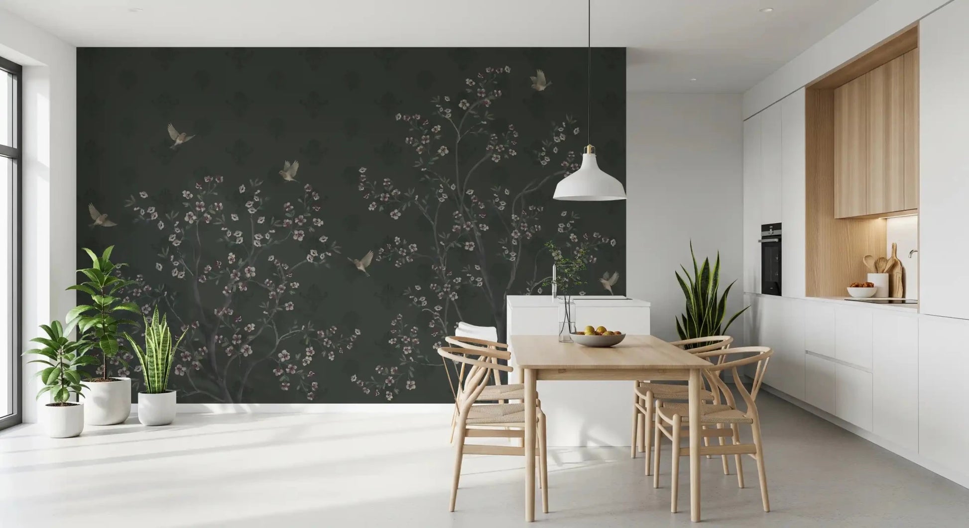 Dark green Elegant Avian Bloom Wall mural for dining area accented by wisteria vines.