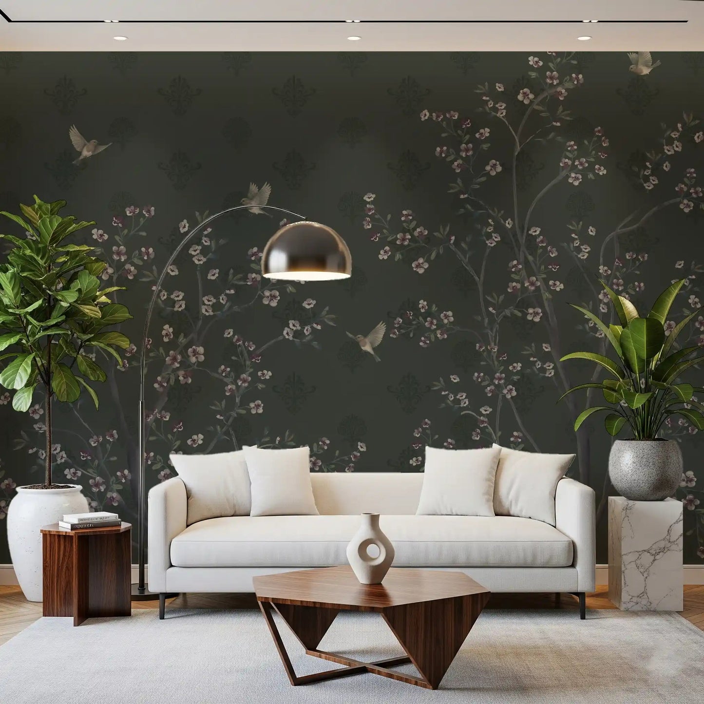 Elegant Avian Bloom Wall Mural with wisteria florals and flying birds.