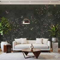 Elegant Avian Bloom Wall Mural with wisteria florals and flying birds.