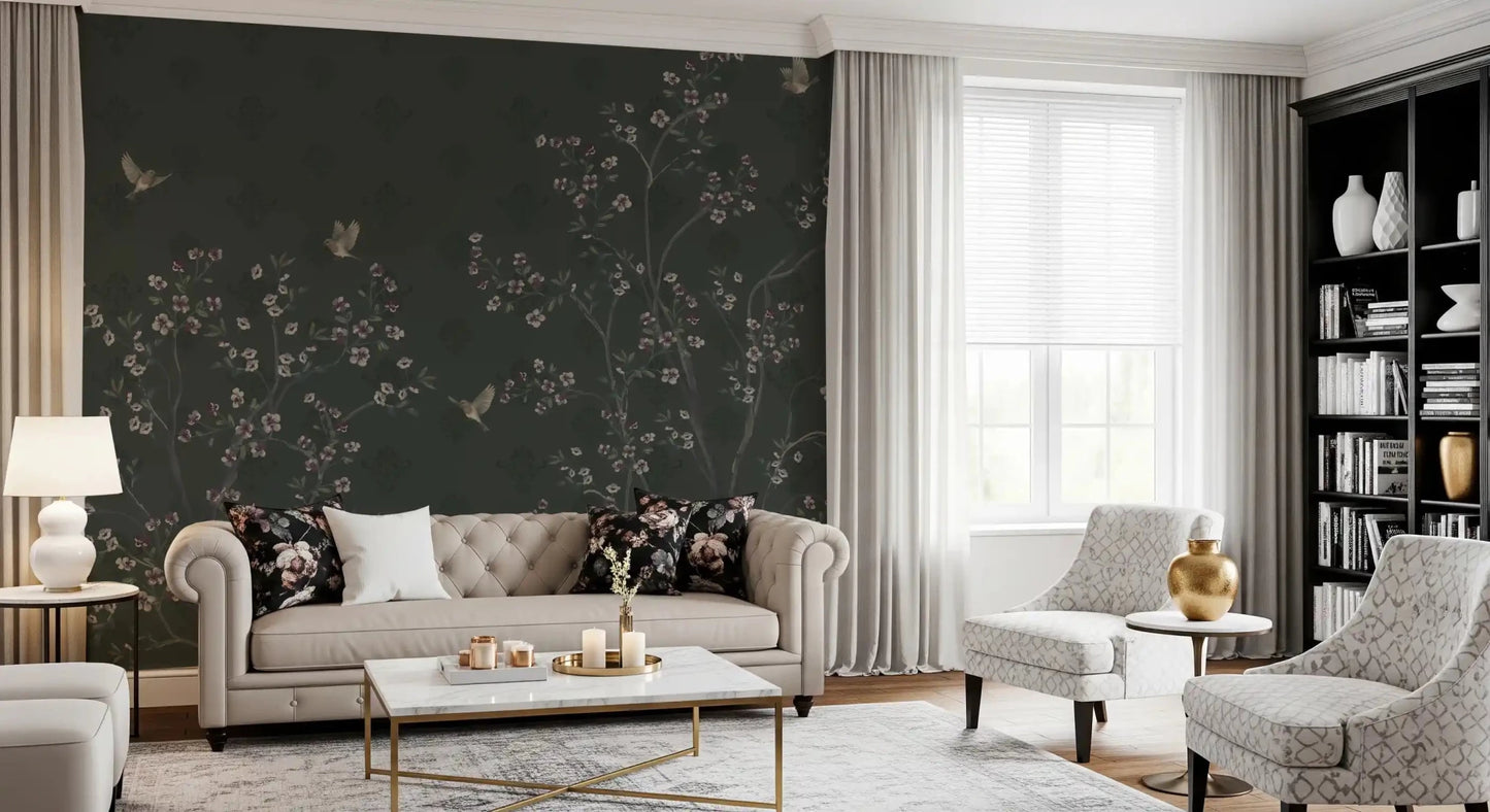 Elegant Avian Bloom Wall Mural art featuring delicate wisteria branches.