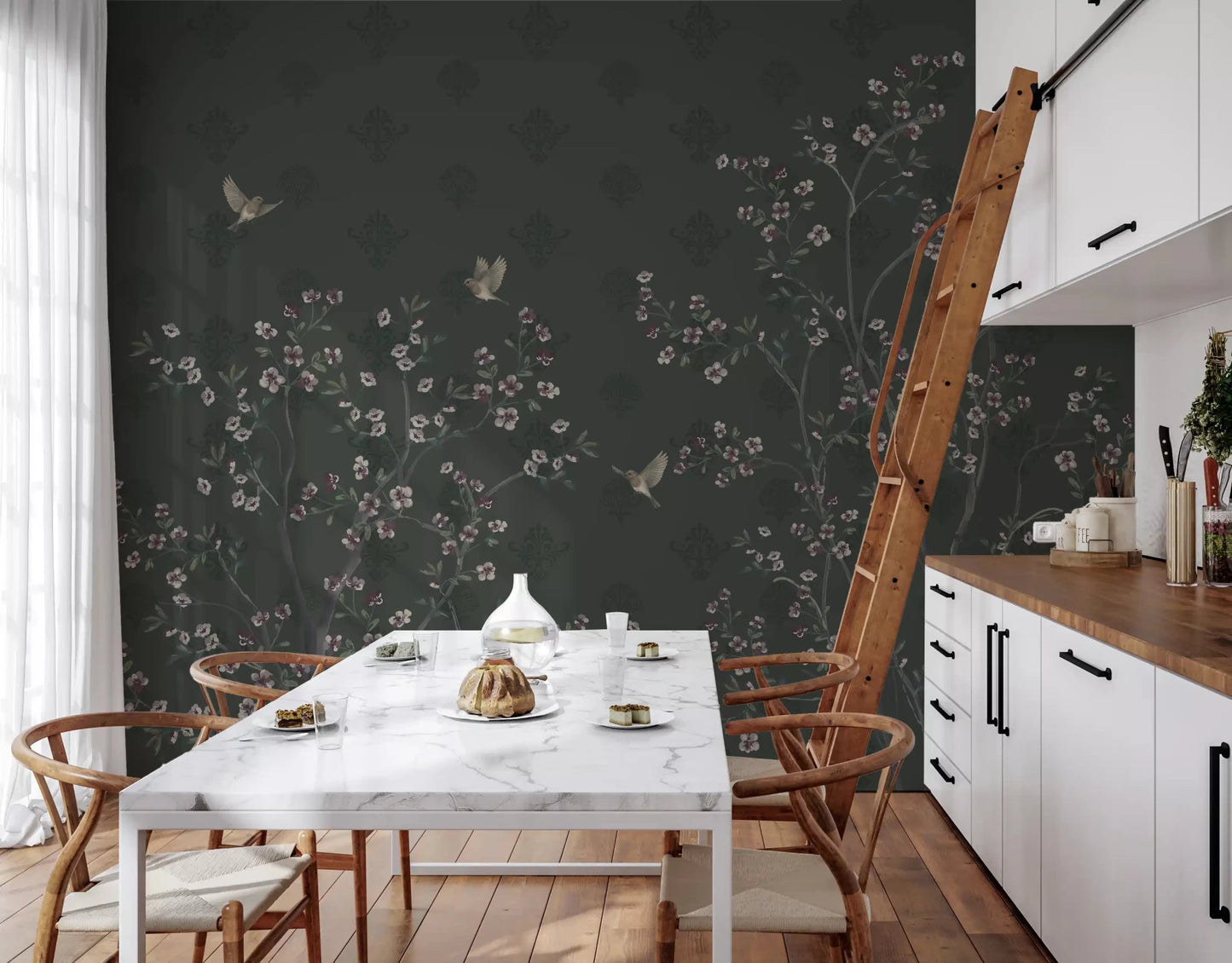 Wisteria sprigs accent this Elegant Avian Bloom Wall Mural pattern.