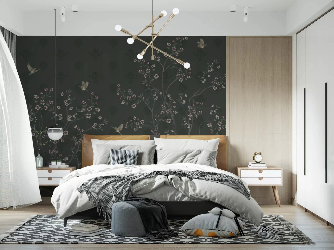 Wisteria blossoms meet Elegant Avian Bloom for bedroom Wall Mural on dark green.