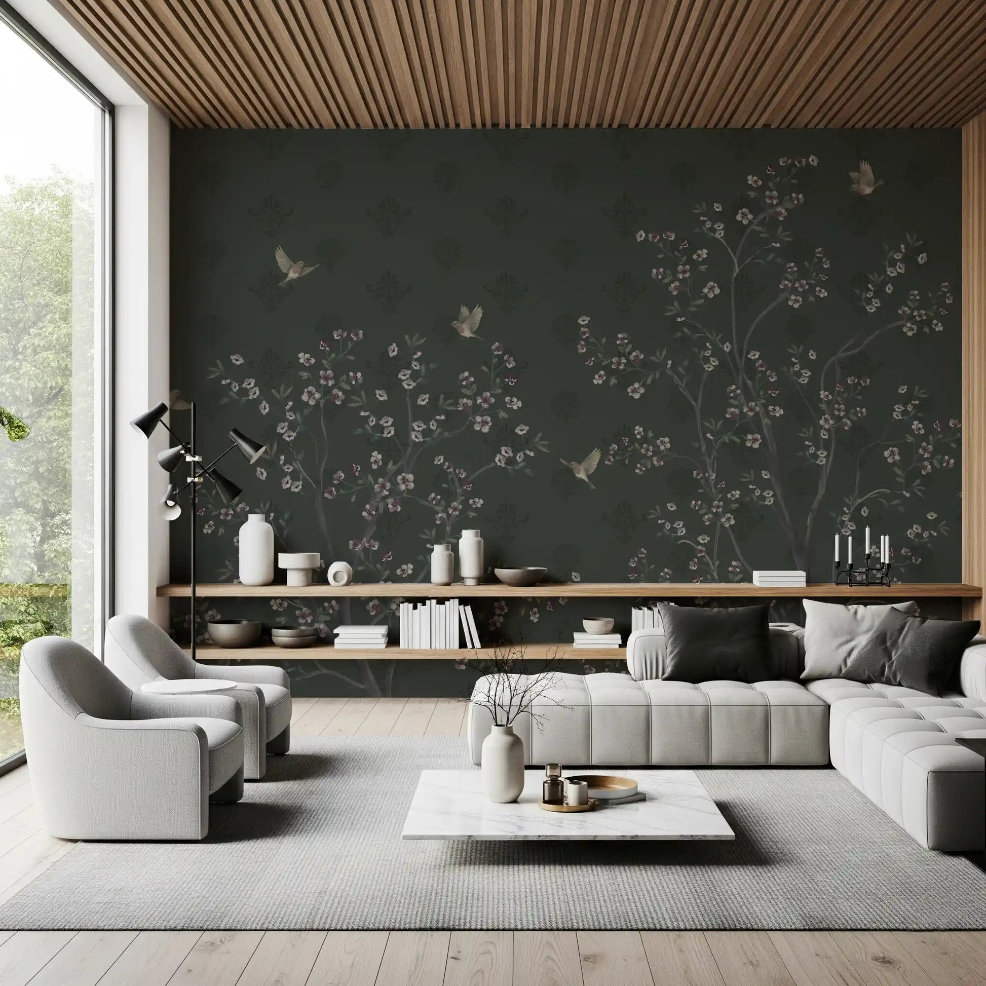 Artistic wisteria and bird Elegant Avian Bloom Wall Mural print.