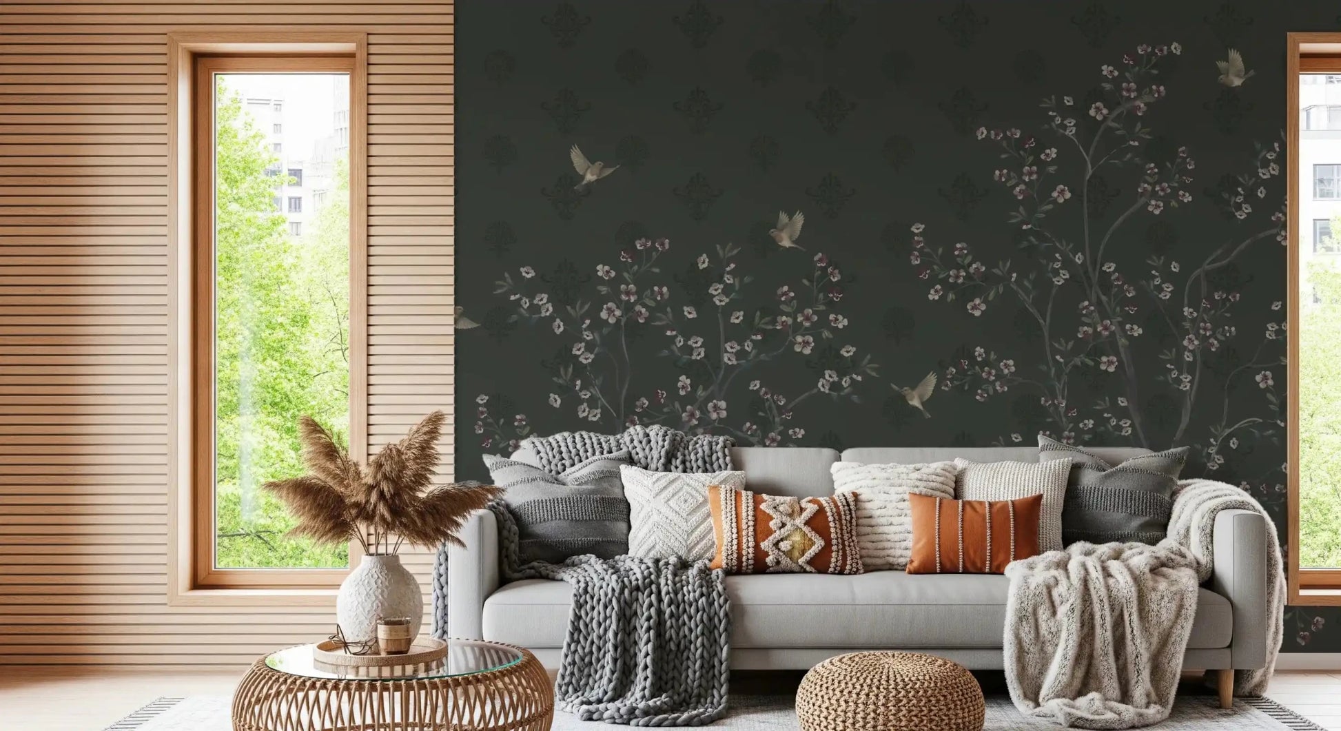Wisteria petals adorn Elegant Avian Bloom Wallpaper dark backdrop.