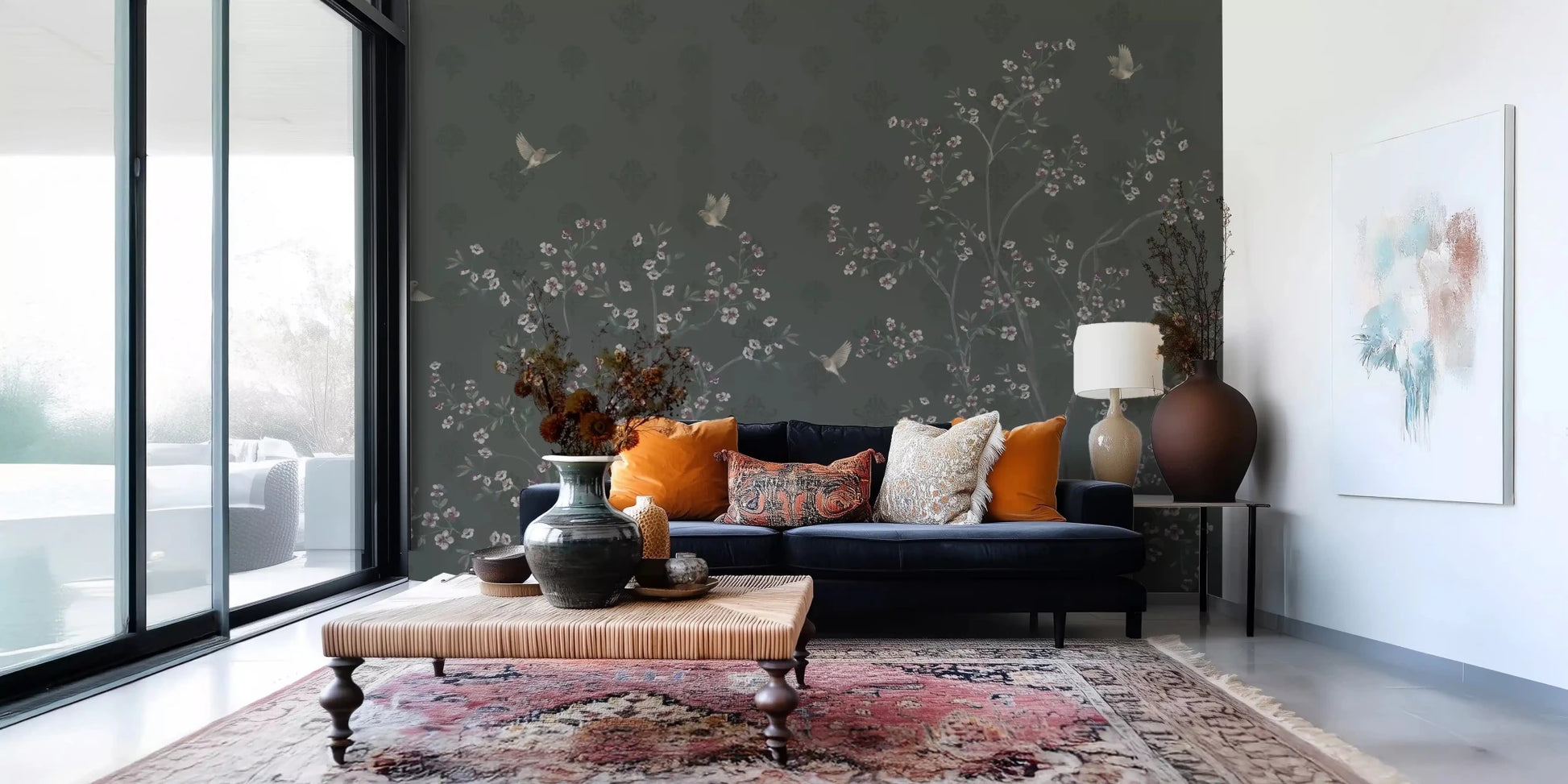 Detailed wisteria florals on Elegant Avian Bloom Wallpaper design.