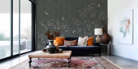 Detailed wisteria florals on Elegant Avian Bloom Wallpaper design.