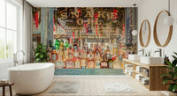 Atmospheric Elegant Bar Interior wallpaper Eclectic bottle arrangement on shelves.
