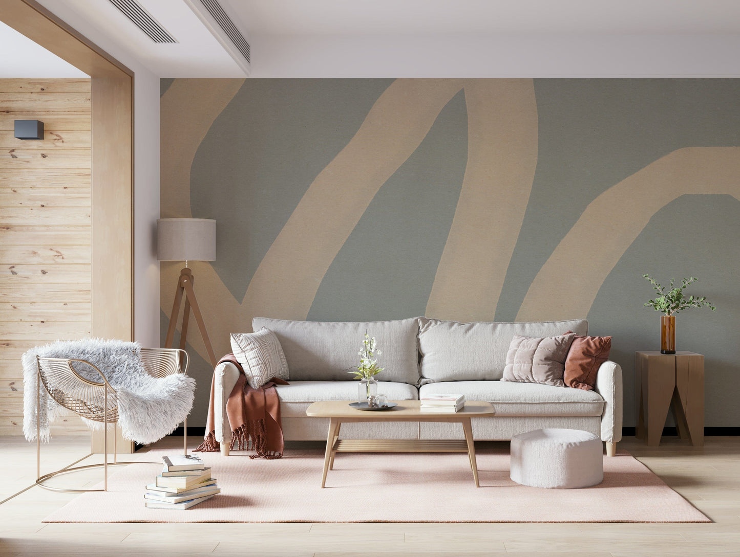 A graceful subtle curve wall mural in cool, tranquil tones.