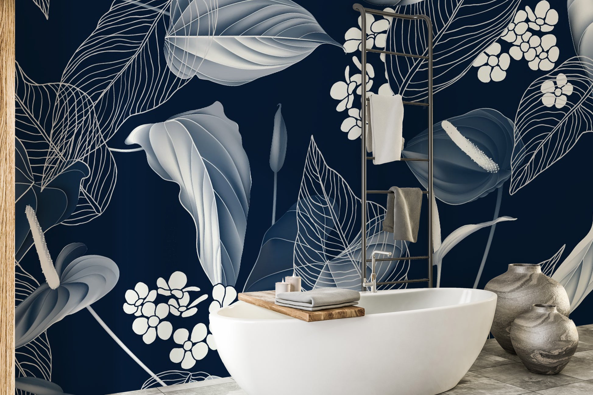 dark blue anthurium Elegant Blue Leaves Wallpaper