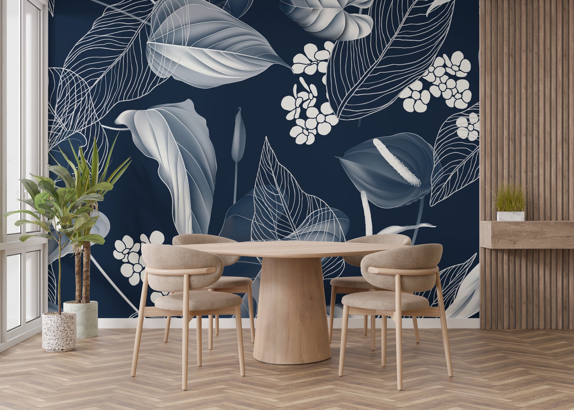 dark blue anthurium Elegant Blue Leaves Wallpaper
