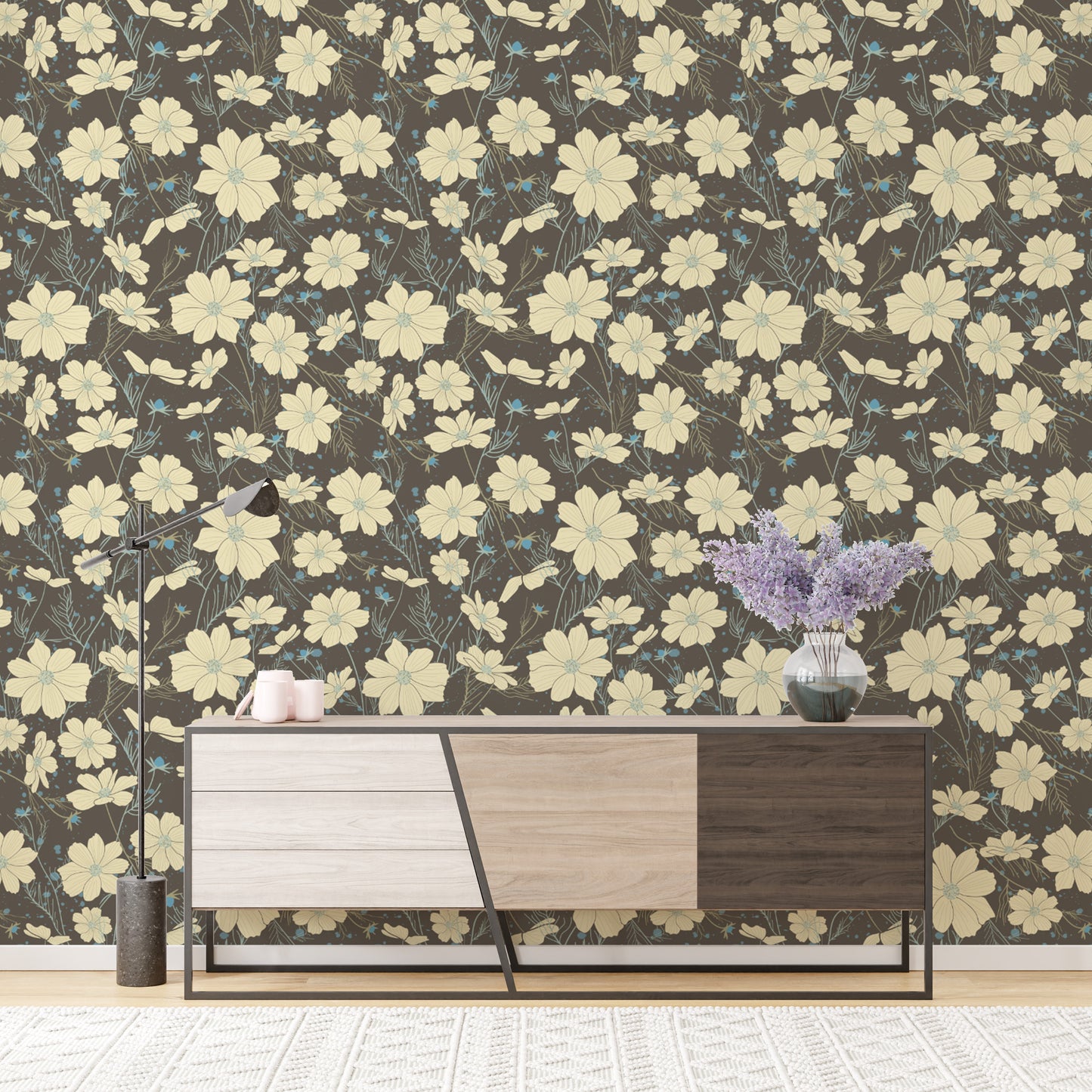 Studio with self adhesive Cosmos Flower Gray Wallpaper for an easy and moisture-resistant floral update.