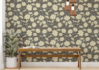 Reading room showing removable Cosmos Flower Gray Wallpaper as a sophisticated and versatile accent wall.