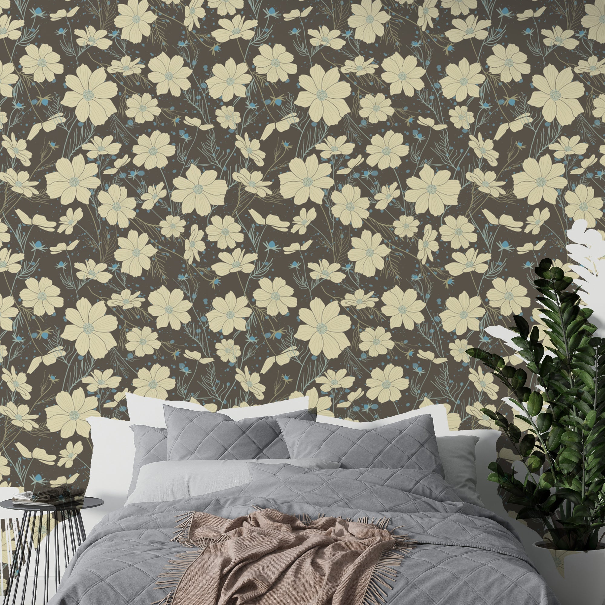 Bedroom featuring Cosmos Flower Gray Wallpaper on canvas material for a textured and artistic wall finish.
