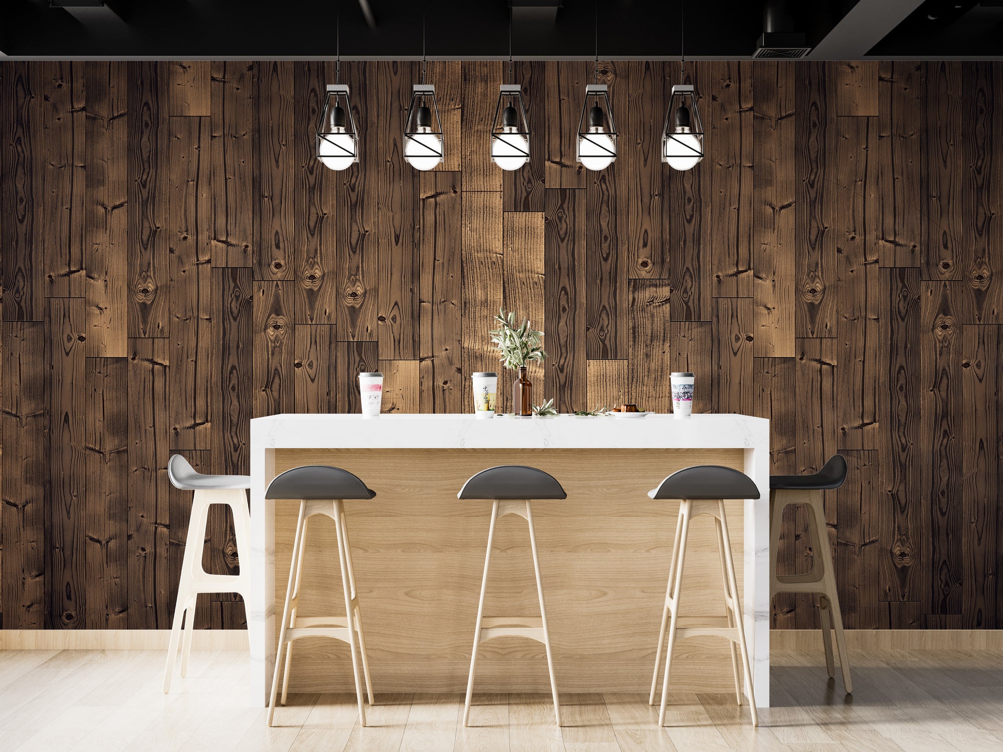Elegant Solid Dark Brown Oak Wood wallpaper mural shown as a full feature wall that highlights the design