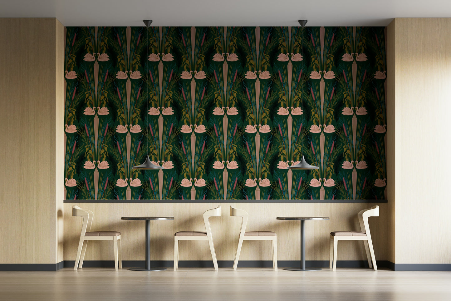 Deco-inspired wallpaper featuring regal swans

