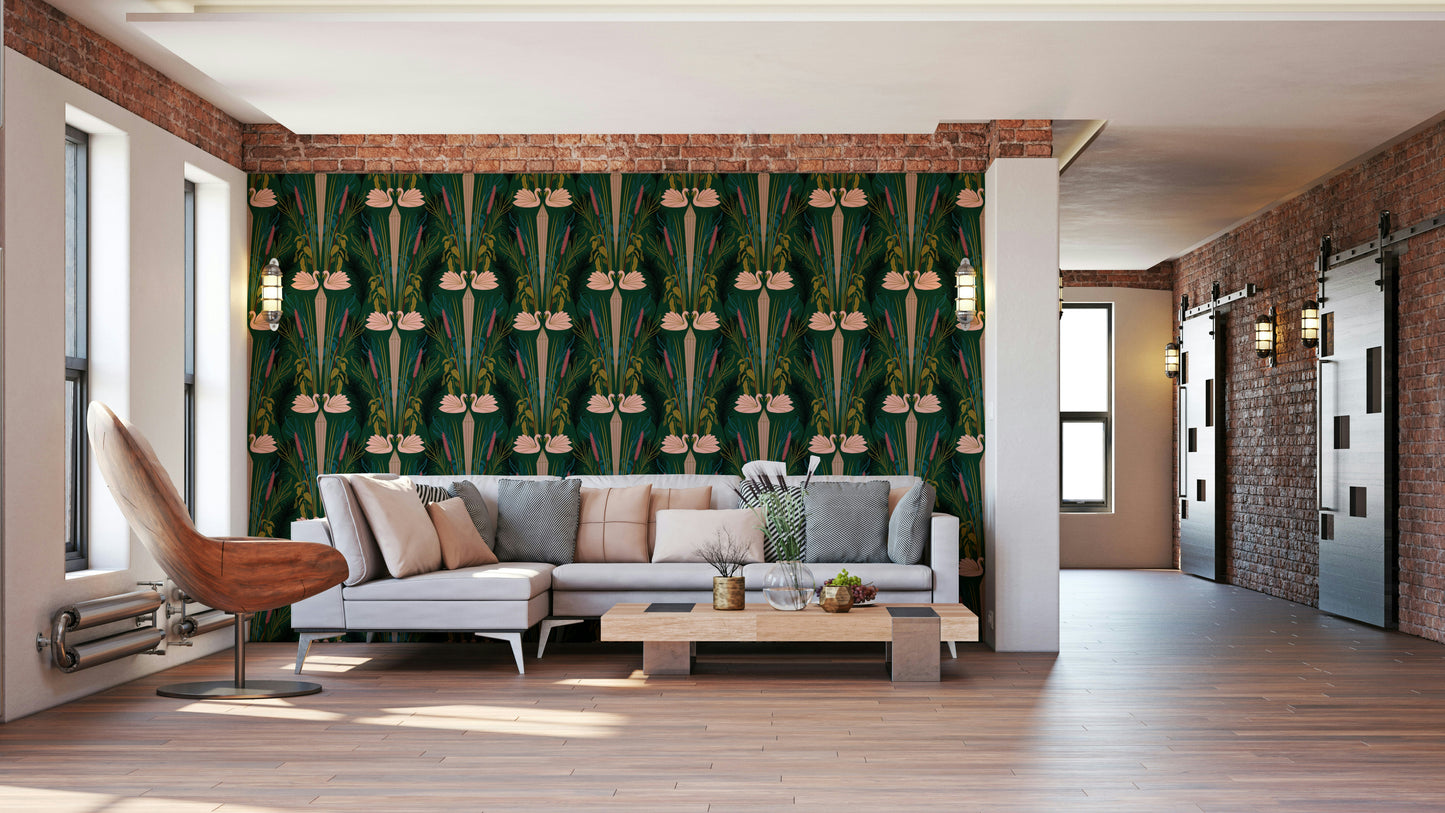 Classic wallpaper with a glamorous swan design

