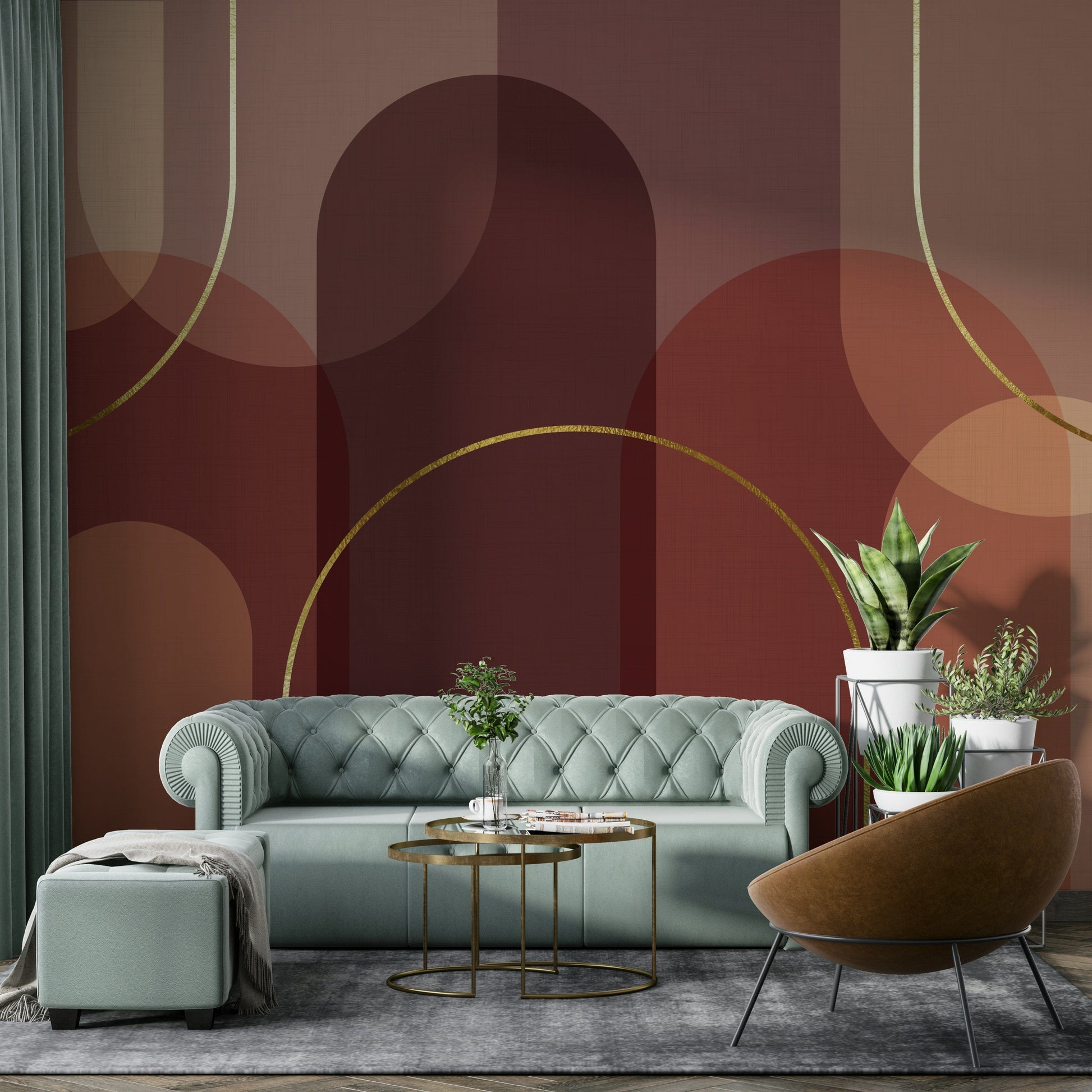 A wall mural with a pattern of large, fluid, abstract shapes.
