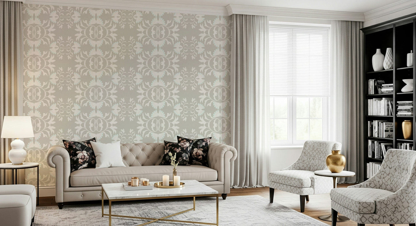 Sophisticated grey background with white floral symmetry curved lines.