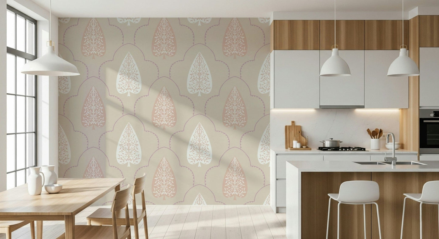 Elegant Foliage wallpaper delicate leaf pattern blush mauve design.