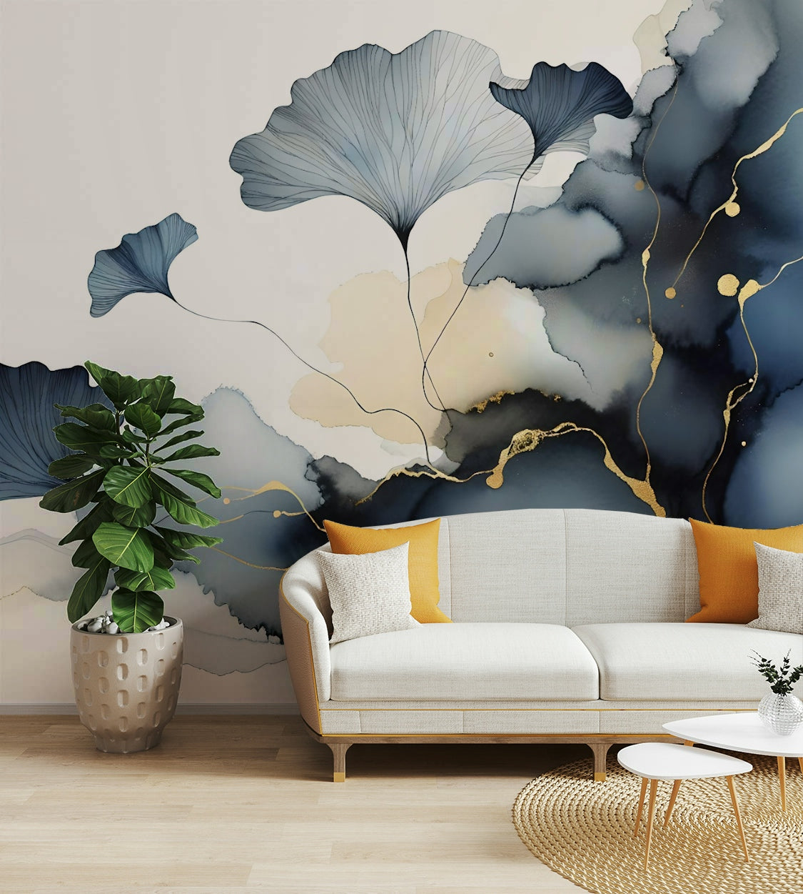 Large scale ginkgo leaf pattern mural in a bright open floor plan living area.