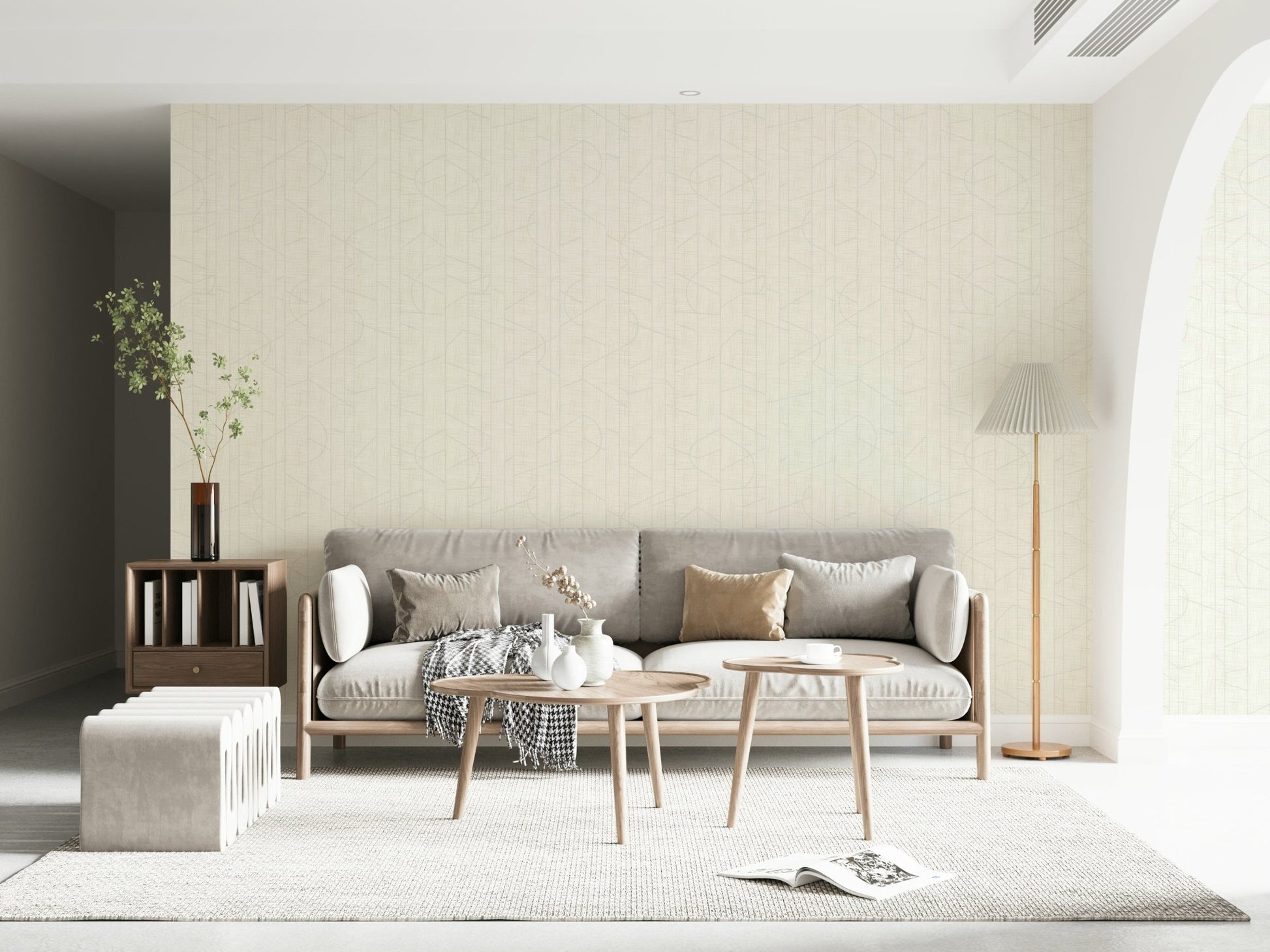 Light beige wall covering with abstract line art