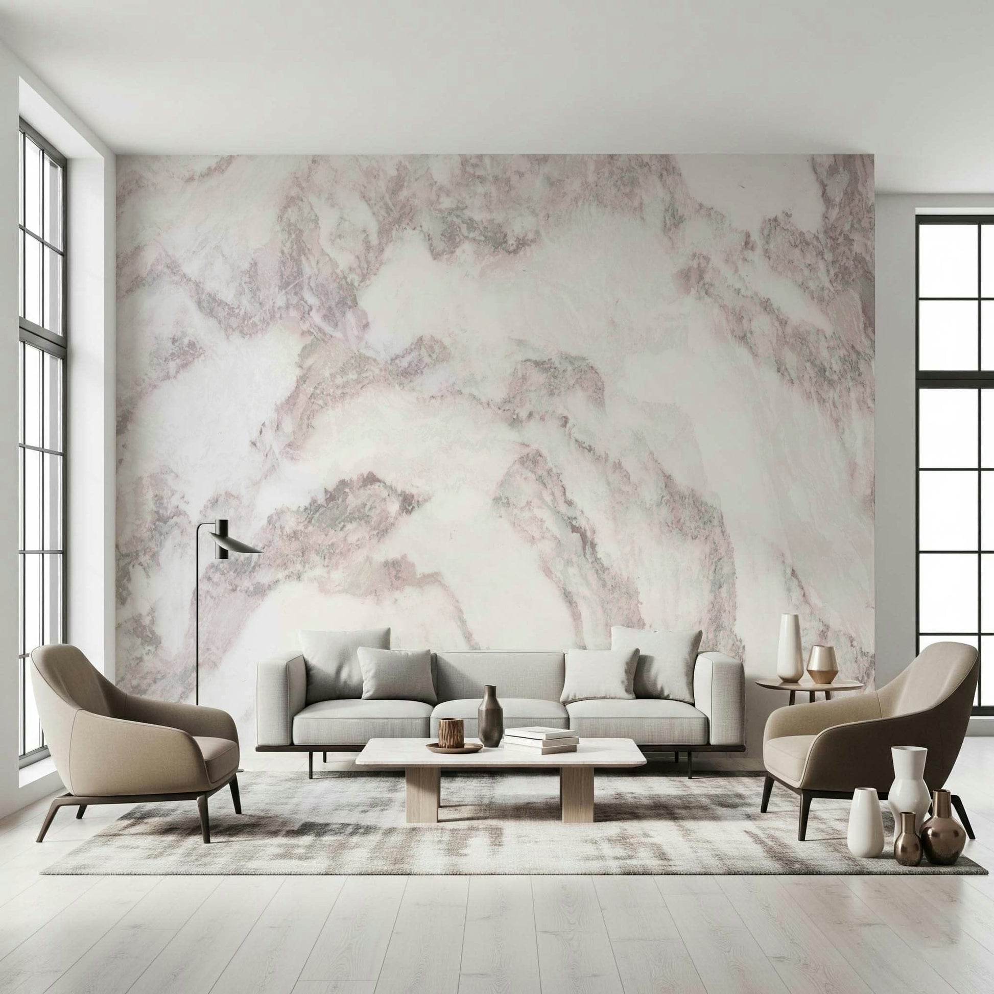 A peaceful natural marble mural on decorative wallpaper.