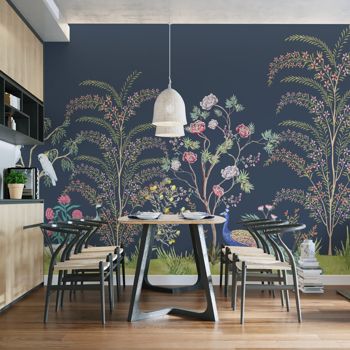 Vintage chinoiserie wallpaper with cockatoos and florals
