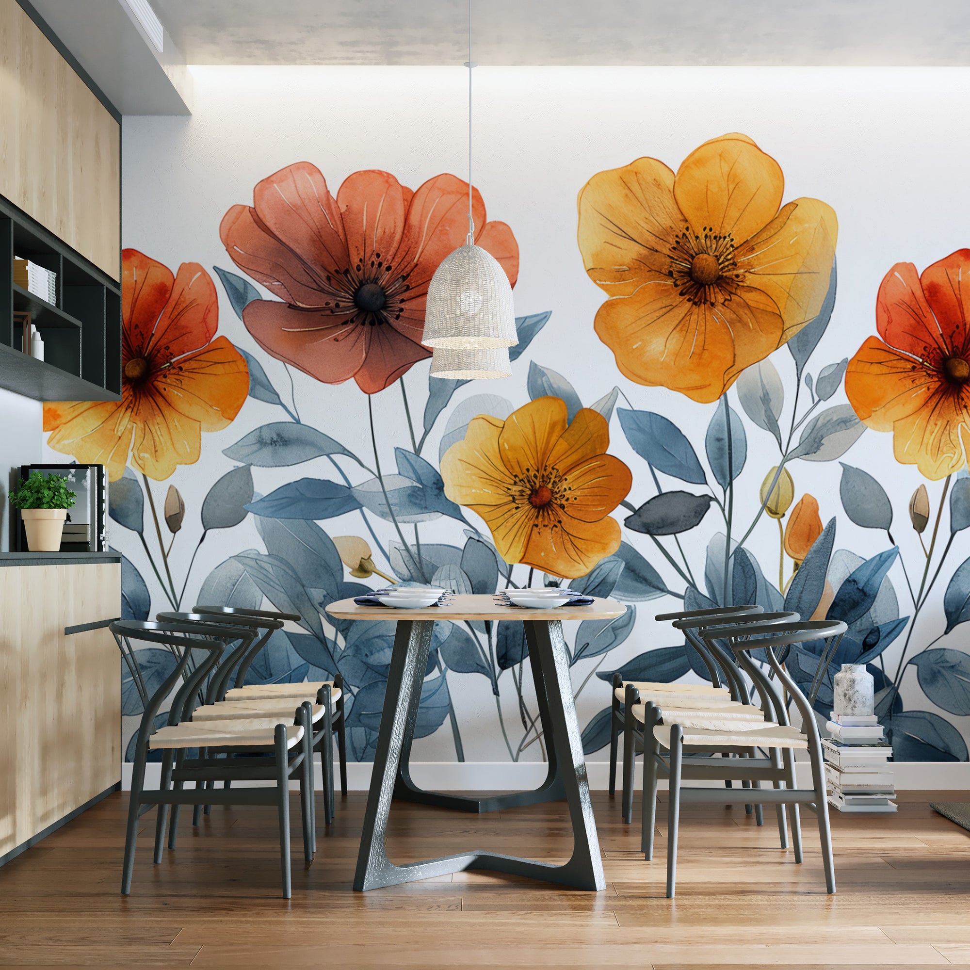 Elegant watercolor floral wall mural with orange blooms
