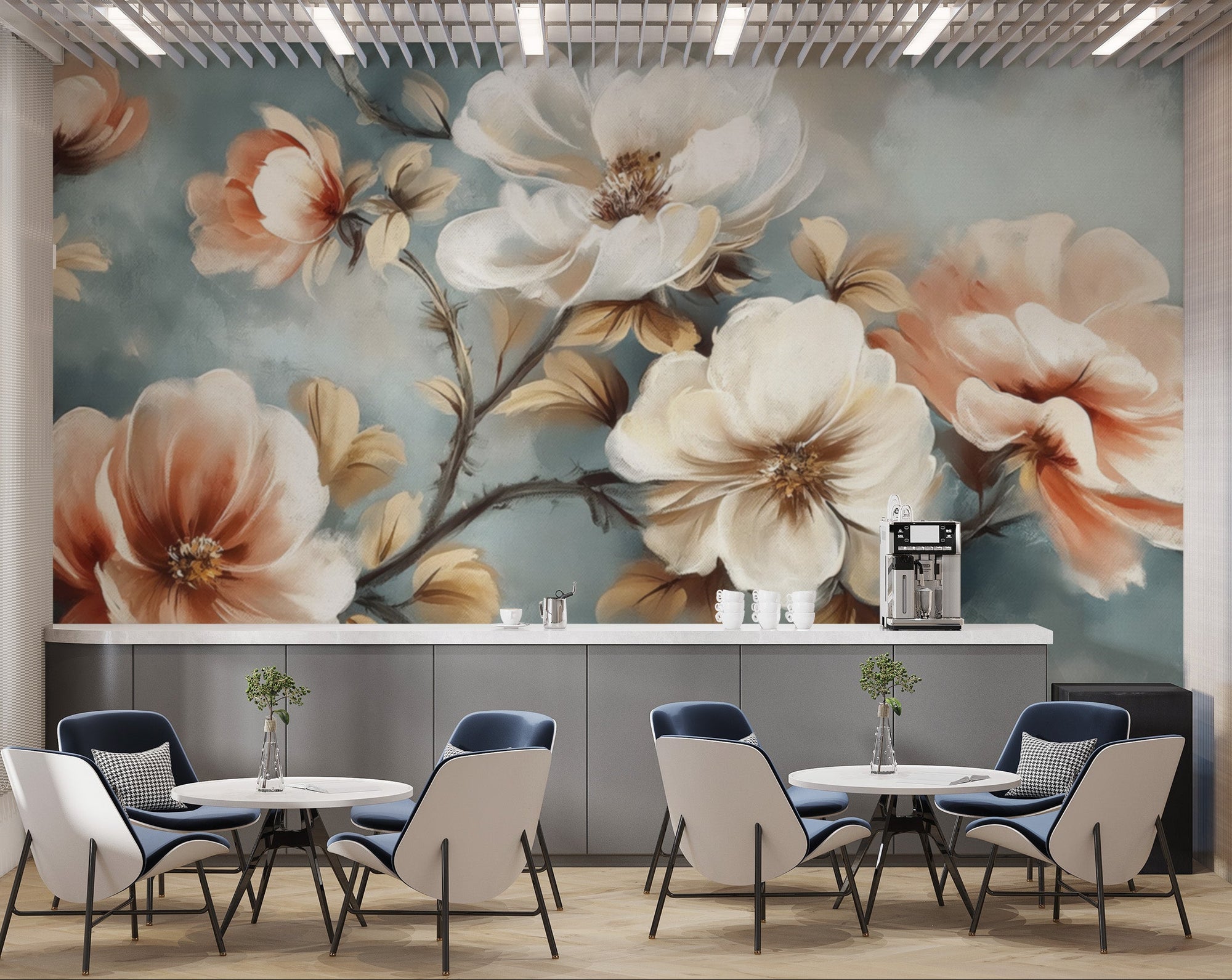Elegant Watercolor Floral wall mural with cream and peach blossoms on teal behind cafe tables and blue chairs in a lounge