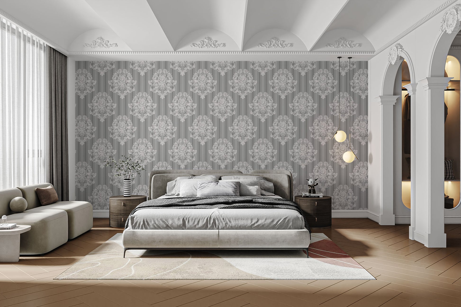 Grey and White Damask Wallpaper for elegance
