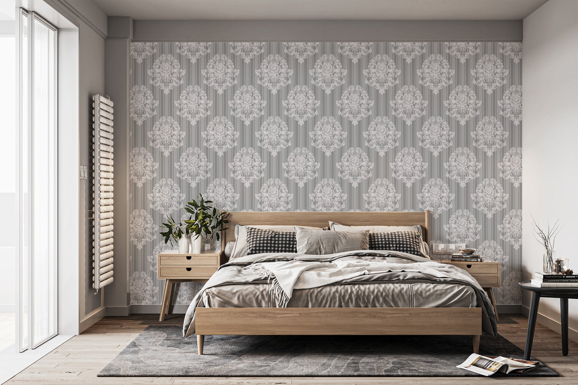High-quality Grey and White Damask Wallpaper