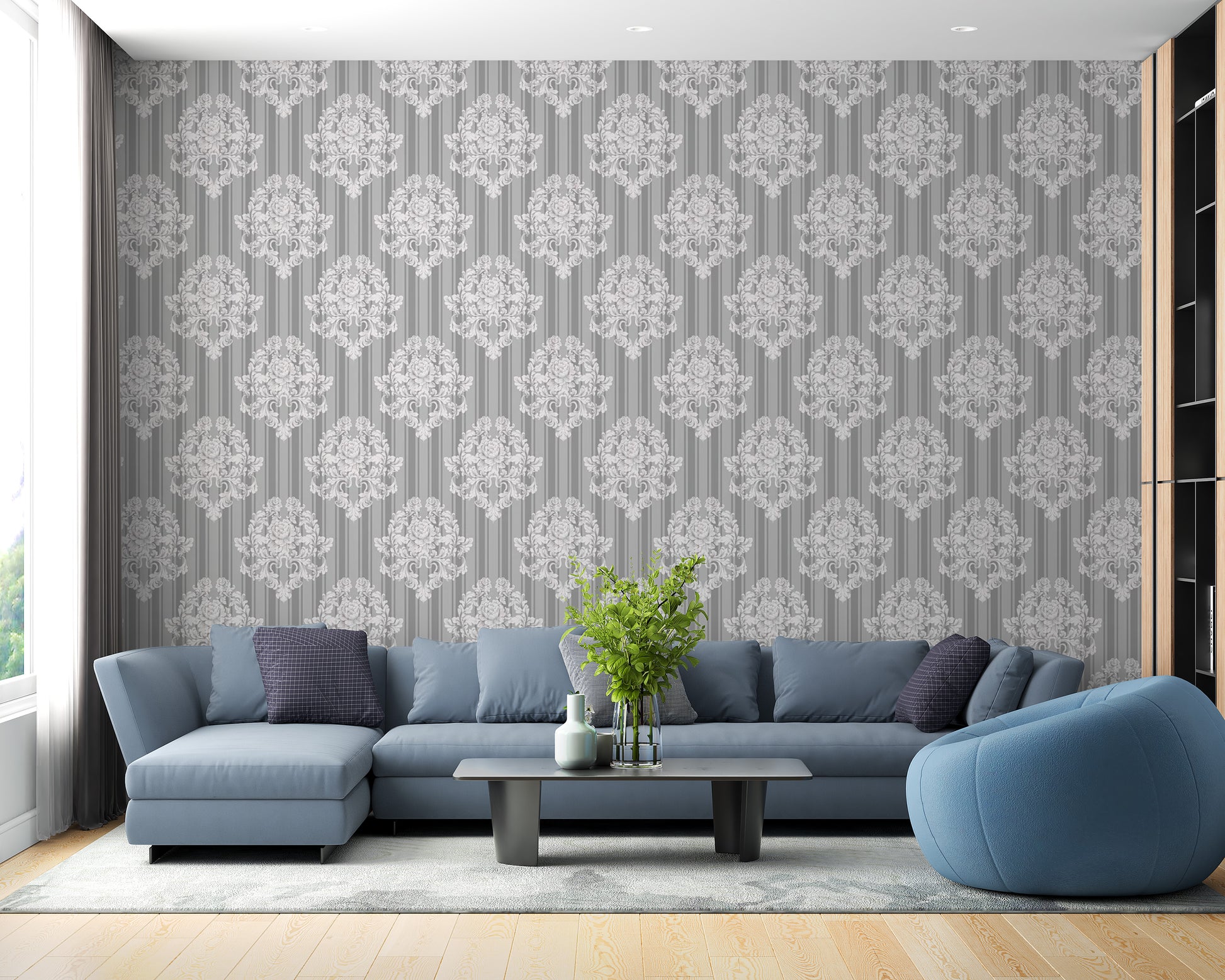 Elegant Grey and White Damask Wallpaper accent
