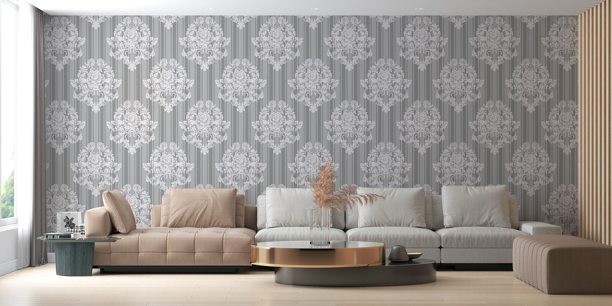 Grey and White Damask Wallpaper for living room
