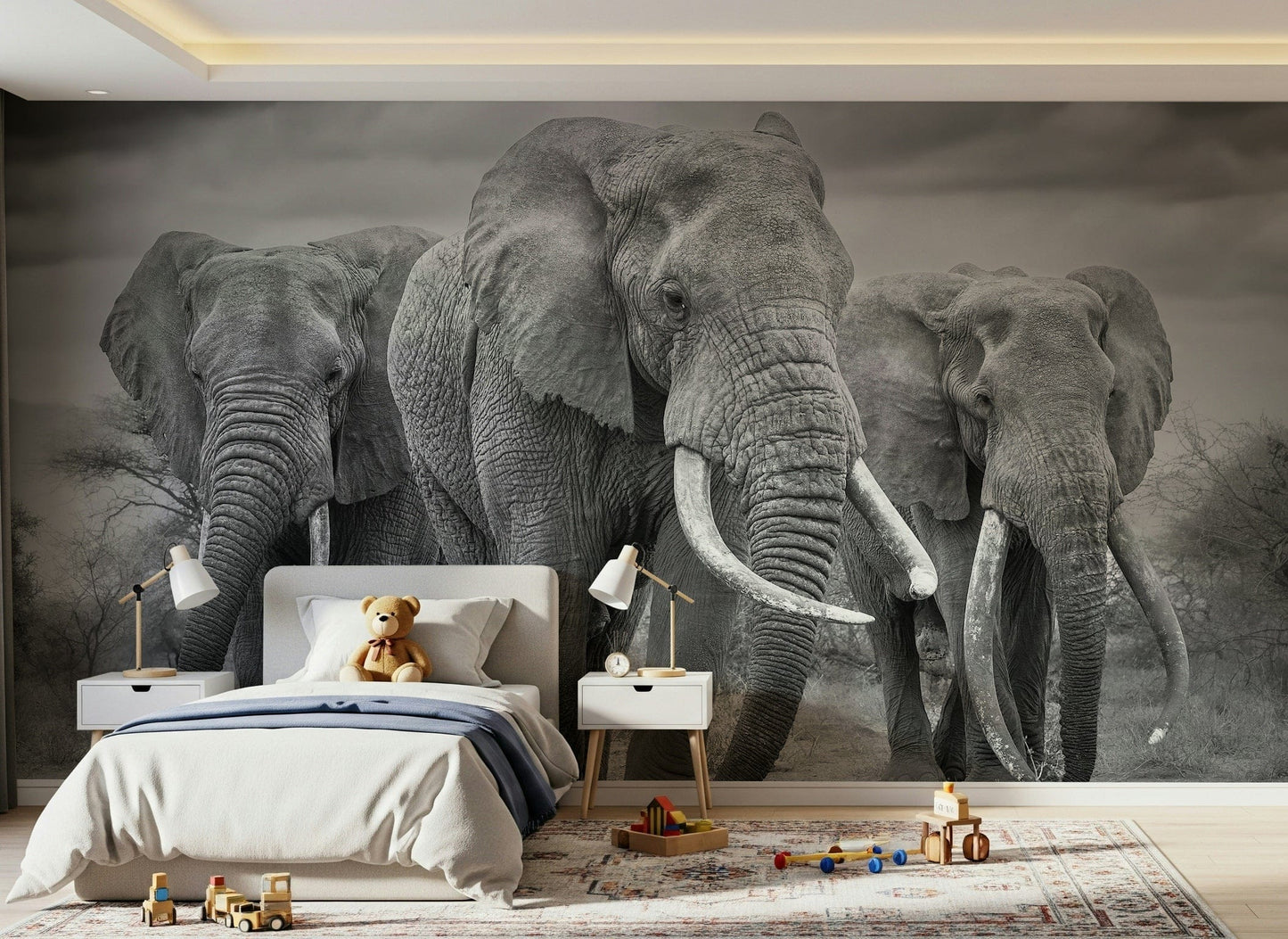 Wall mural depicting a majestic elephant with subtle textures and natural tones.
