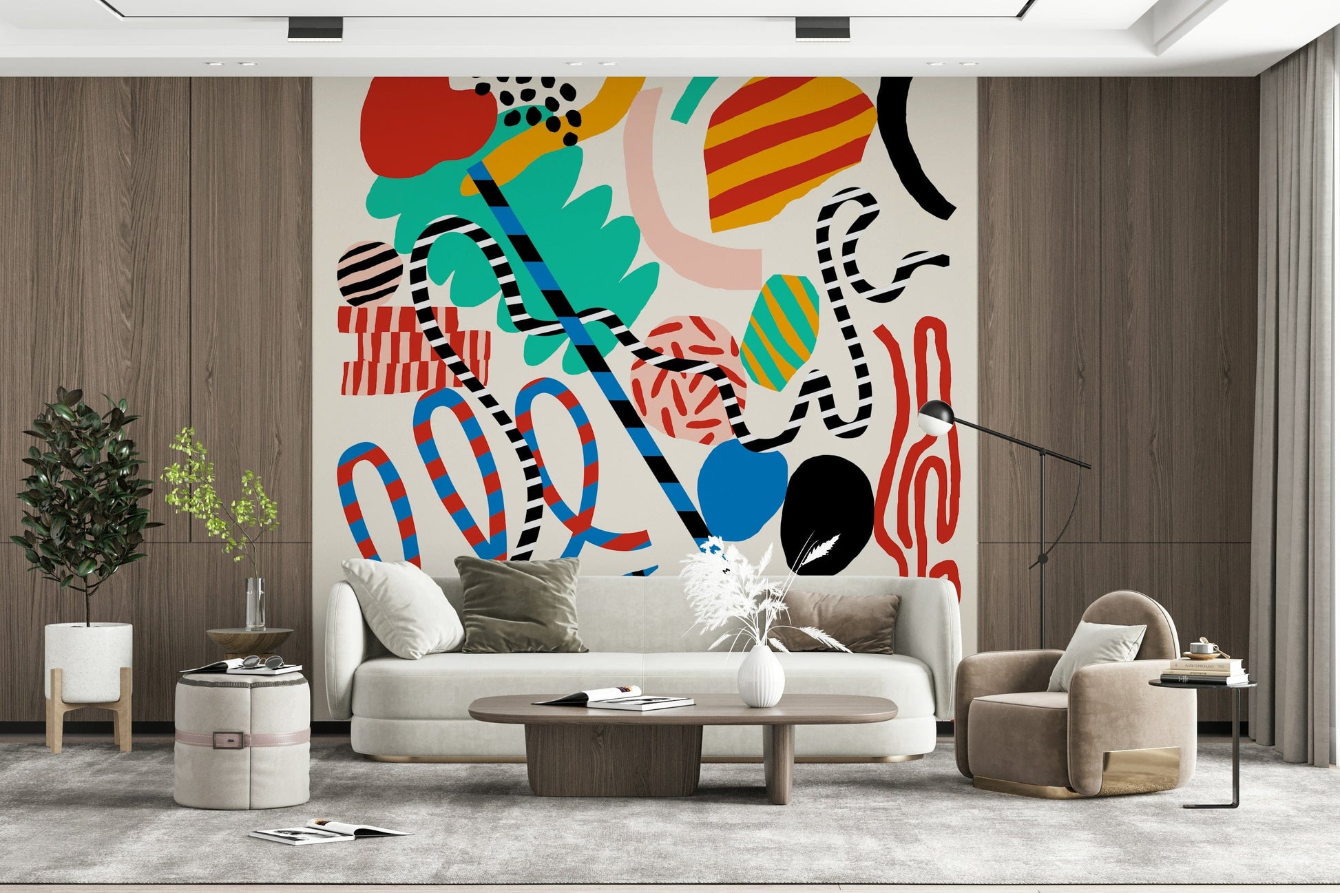 An artistic minimalist form mural for home decor.

