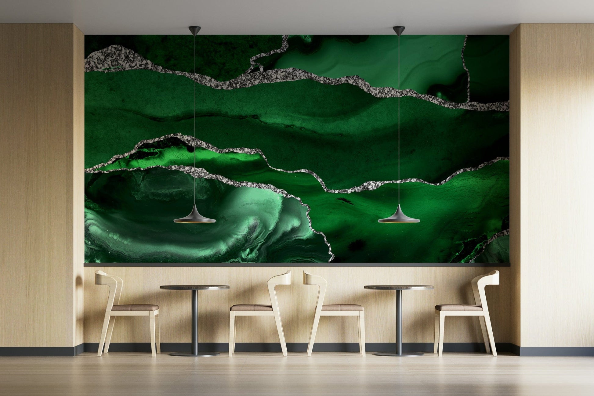 The wall art combines a flowing pattern with metallic accents.

