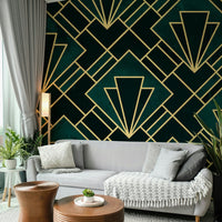 Elegant emerald green and gold geometric wallpaper for walls.

