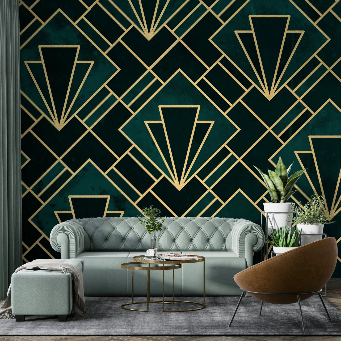 Emerald Art Deco Mosaic Wall Mural with bold geometric shapes.

