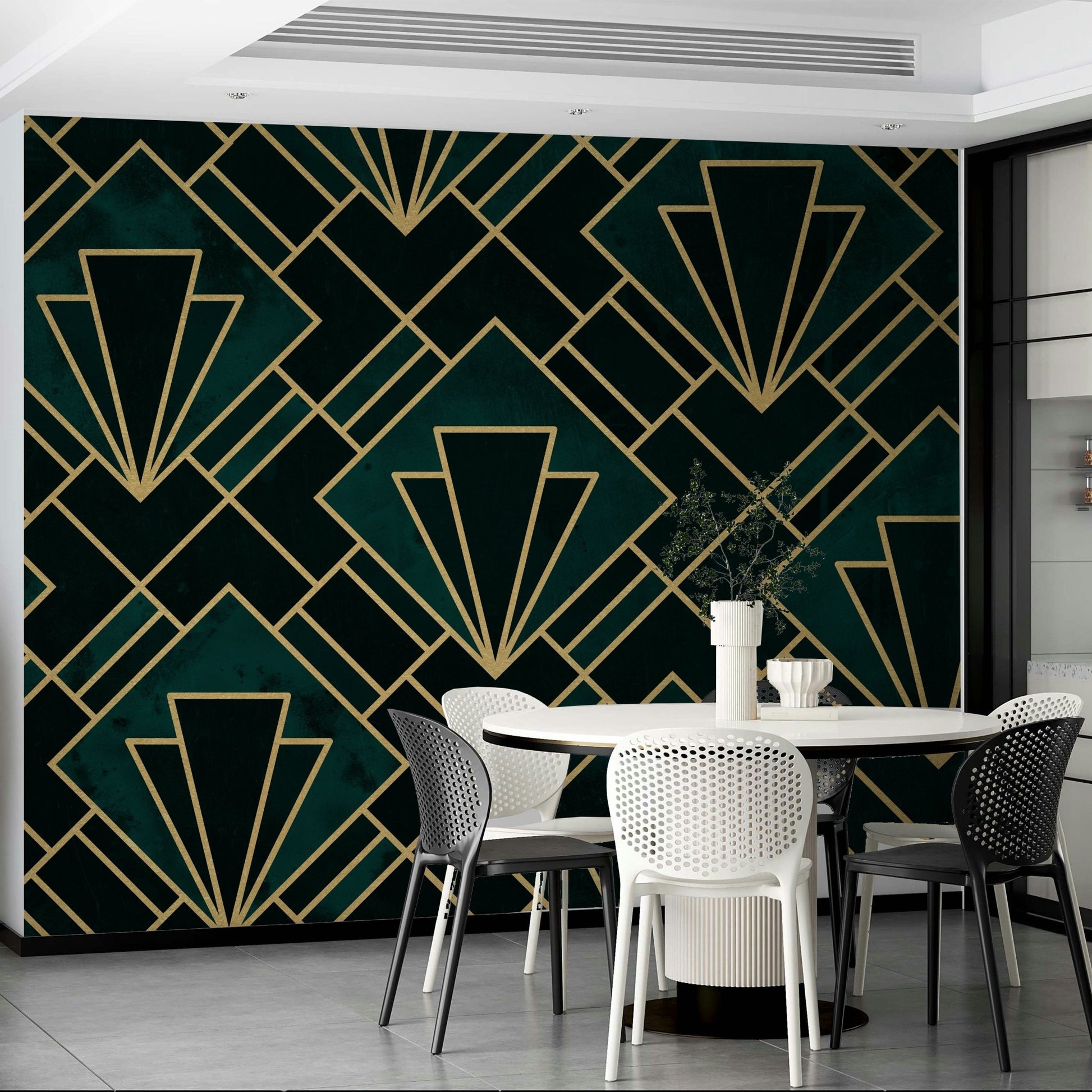 Vintage-inspired emerald Art Deco wall mural with gold accents.

