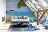 The wall art combines a beach theme with a clear sky.

