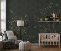 Floral motifs and avian details in Emerald Bloom & Flight Wall Mural.