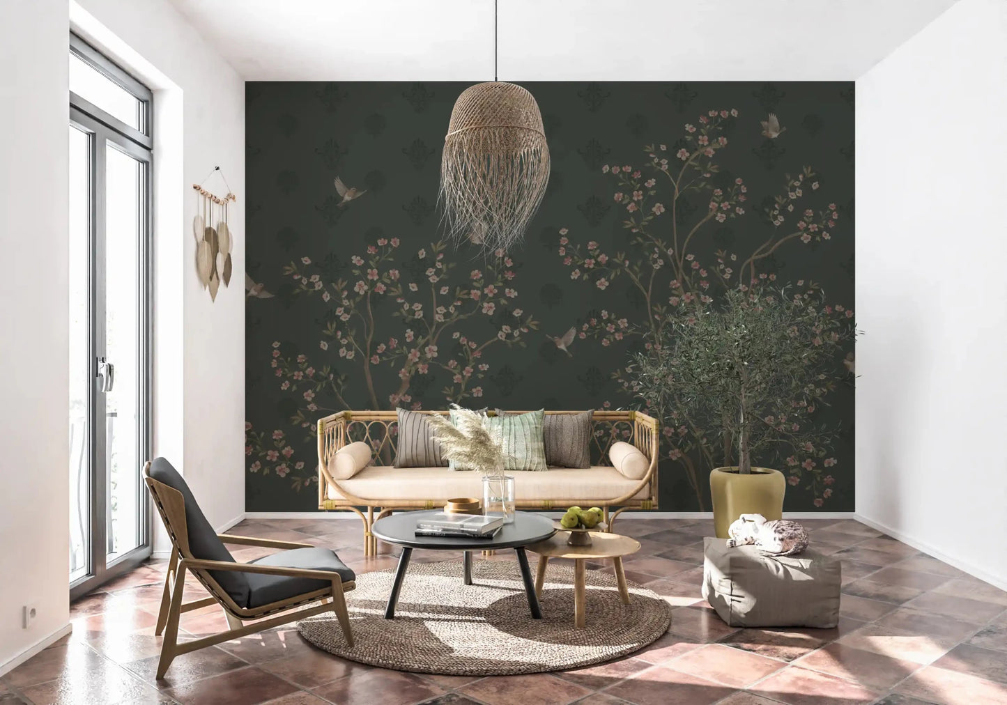 Artistic nature scene on the Emerald Bloom & Flight Wall Mural.