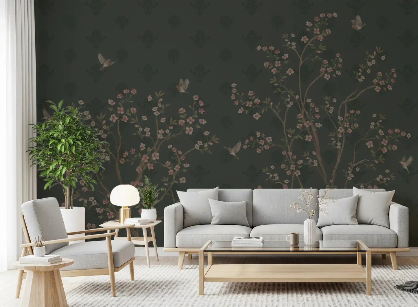 Emerald Bloom & Flight Wall Mural a for living room with deep green damask textures.