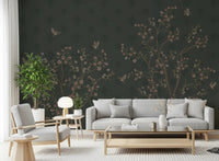 Emerald Bloom & Flight Wall Mural a for living room with deep green damask textures.