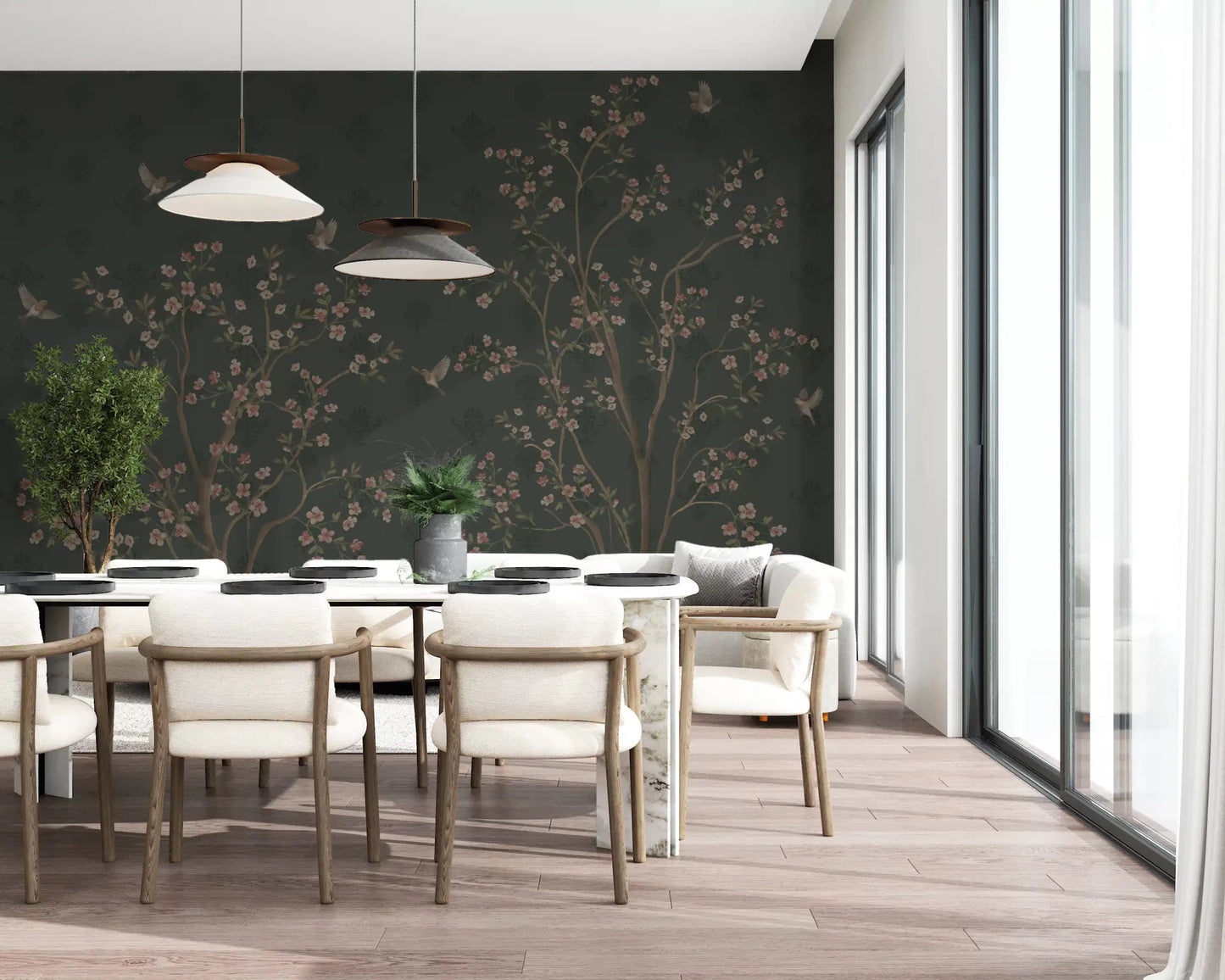 Pink cherry blossoms on the Emerald Bloom & Flight Wall Mural for a dining room.