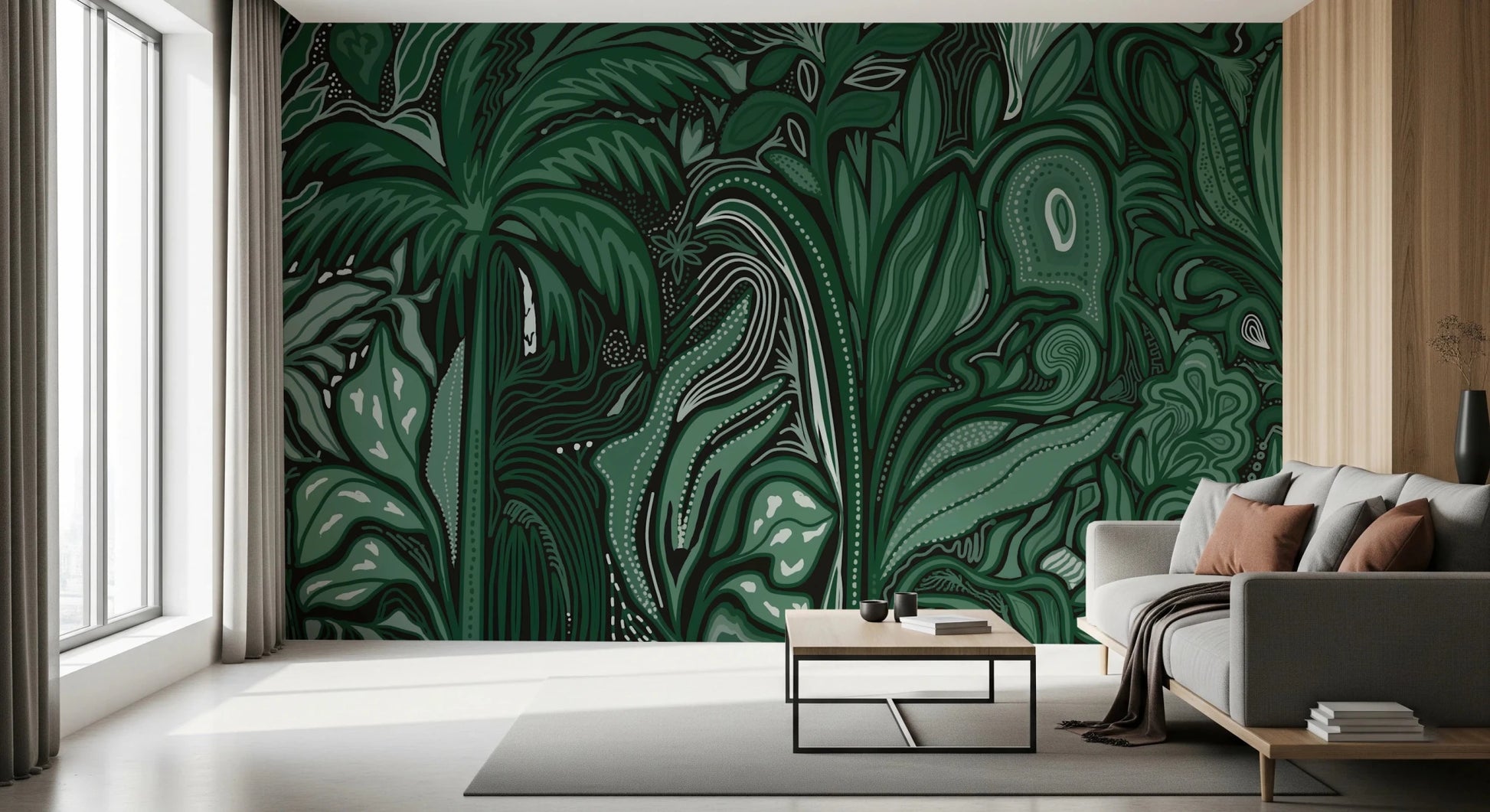 Deep green forest leaves featured on the Emerald Canopy Jungle Noctiverdis Plants Wall Mural for living room
